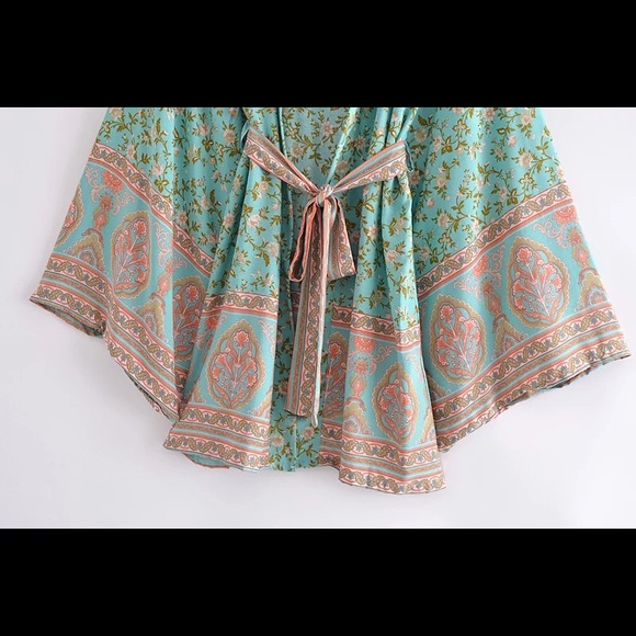 Minted Pink Lotus Vintage Boho Cotton Kimono Robe - Picture 6 of 8